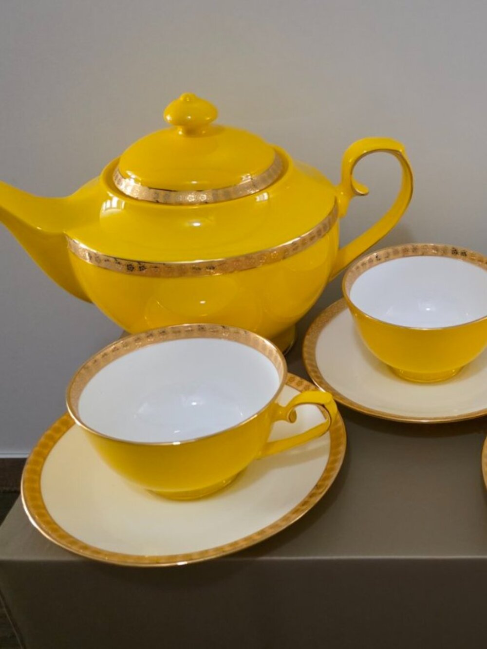 RETIRED Teavana Noble Poppy Fine Bone China Tea Set in yellow with 14k gold